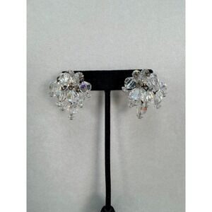 Vintage Laguna Crystal Bead Cluster Clip On Earrings Aurora Borealis Signed